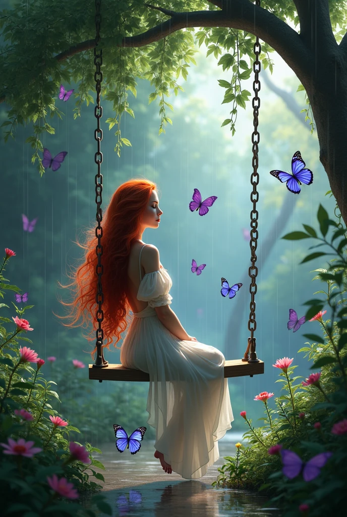 a really beautiful redhead girl, sitting on a swing backwards in the rain in a garden, and purple butterflies flying around it 