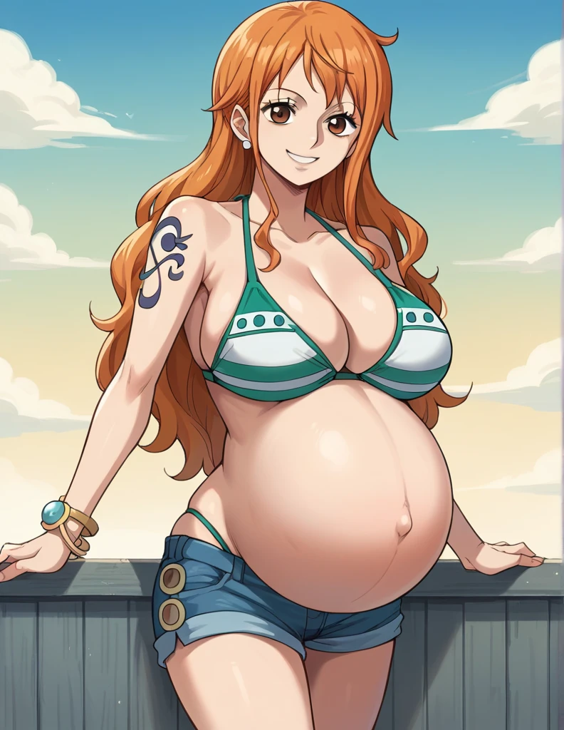 score_9, score_8_up, score_7_up, source_anime, best quality, clear face, 1girl, nami, NAAmi, orange hair, blue eyes, large breasts, white bikini, shorts, cleavage, smile, looking at viewer, sky, standing, pregnant belly, huge belly, belly