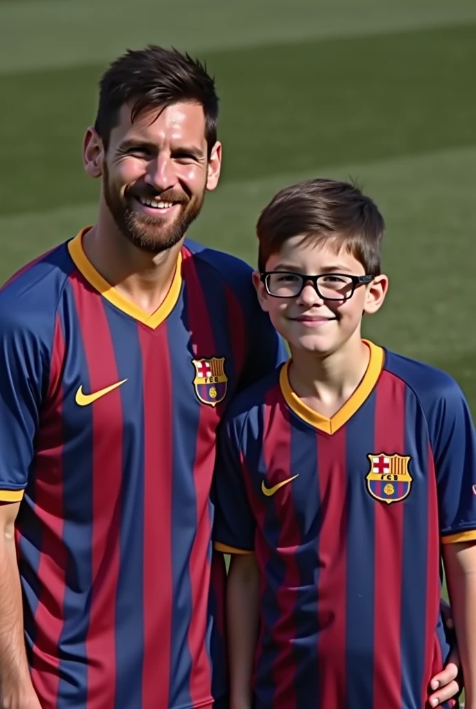 Lionel Messi and a boy with glasses 