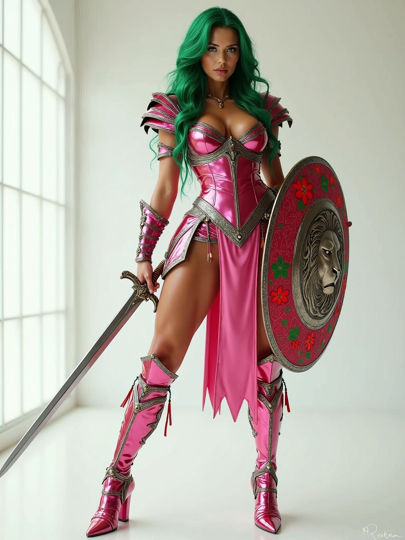 An Amazon posing with confidence and courage.   Body: the face is like Megan Fox. She has a very long green wavy hair. The breasts are big and voluptuous and hips are very strong and toned. The waist is tiny. Her body is voluptuous and delicate.   Clothes: Amazon armoured suit. The armor is bright metallic pink with red and green Flowers details. She has a long sword and a shield with Lion's head relief symbol.   Image style and definition: ultra realistic photo, feminine figure, portraits, Reductionist form, mujercore. Background: Infinite white room.