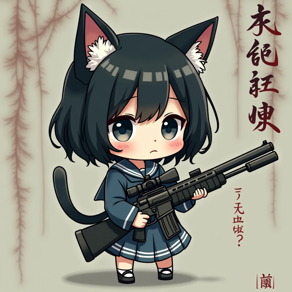 Chibi-chara Lolita girl wearing a sailor uniform with cat ears holding a sniper rifle
A more mysterious atmosphere, more doll-like, a bit more Japanese-style, more doll-like atmosphere, not cute, more cute, cute taste is fine, but a cuter face, not anime-like, doll, Japanese-style doll, not anime-like, not anime