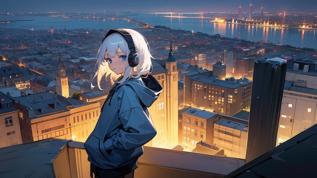 Best quaility, masterpiece, 4k, at night, A girl with white hair with blue eyes and around middle school age was wearing a hoodie、put her hands into her hoodie's pockets, she wears a headset, The girl is watching the night view of the city、I can only see her rear view, she is facing the other direction, so I can't see her face, she is on the roof top of a high building in the city, watching the beautiful view, You can see a beautiful and majestic city night view in the distance