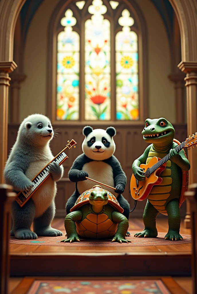 Start a band where a cute seal plays the keyboard, the bass player is a panda bear, the guotarrista is a cute alligator. Place the drums in the middle of the stage with a turtle playing. The band performs on a church stage. REMEMBER the drummer is a turtle.