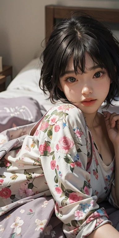 Cute girl lying face down on the bed and looking at you, 22 years old, Realistic, she is wearing shorts, She is wearing floral pajamas, short hair.Shoulder Bare、Chest visible from the front
