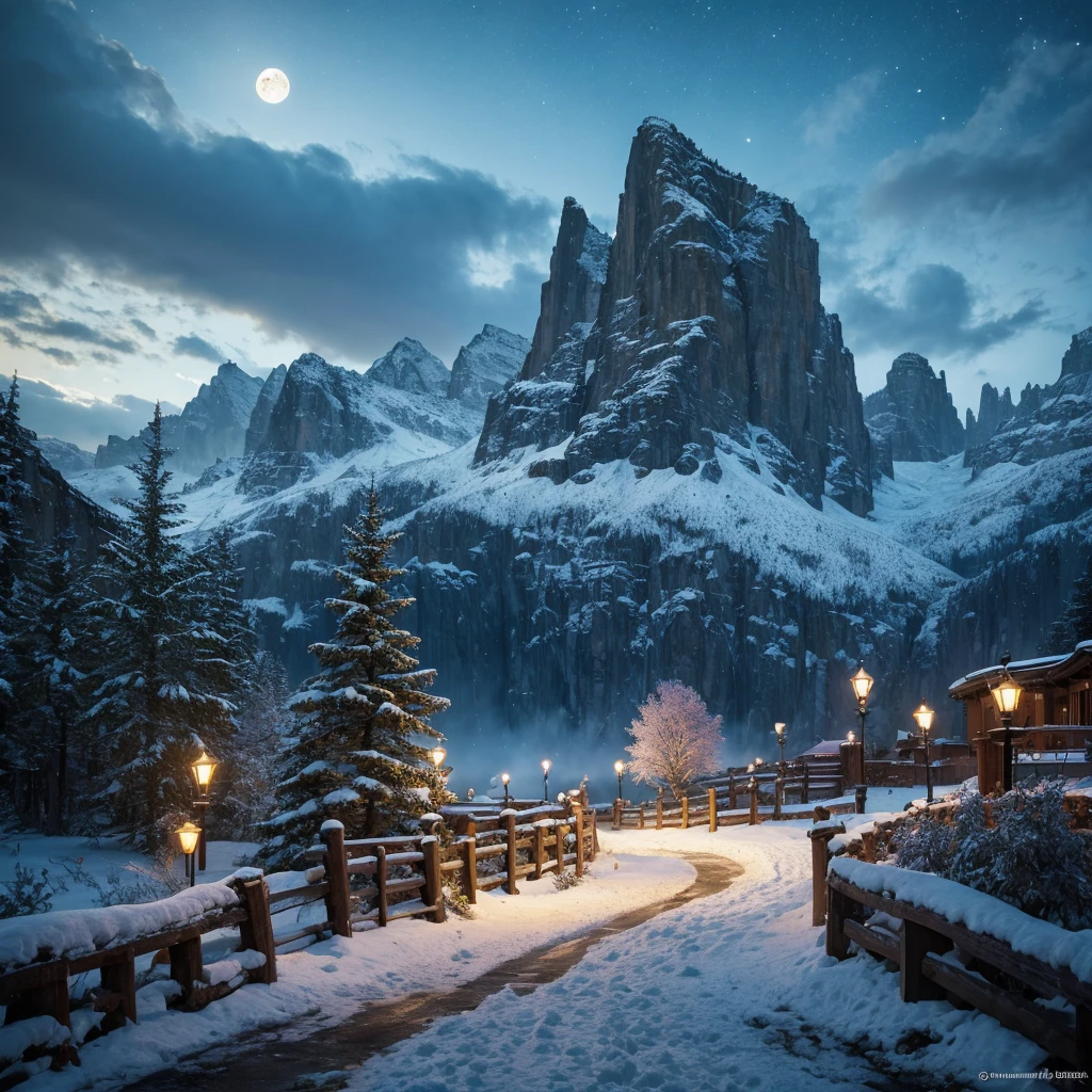 (masterpiece, figure, Highest quality, detailed,High resolution:1.4), In the distance, colorful, Vibrant, wealthy, Volumetric lighting, Contrast, , From afar, Depth of written boundary , scenery, Landscape painting, Concept Art, Intricate details, Stylized, , Cloudy, Moonlit night starry sky, Fantasy, Cities of the ancient kingdom [Colosseum,sacred,cathedral] scenery, snow, waterfall, , Blooming tree々、Grass、flower ,  Rocky Mountains and forest snow in the background ,    , (Fantasy魔法:1.4)