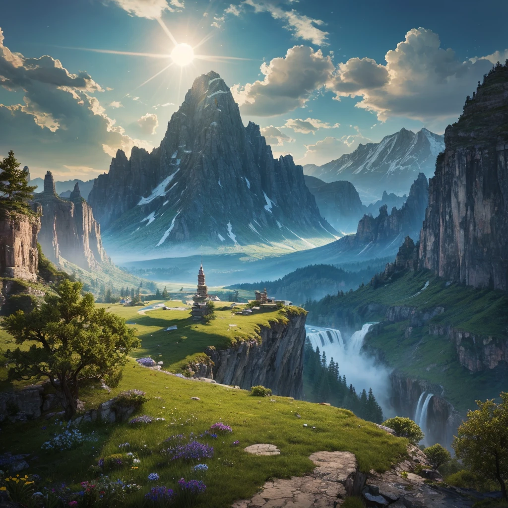 (masterpiece, figure, Highest quality, detailed,High resolution:1.4), In the distance, colorful, Vibrant, wealthy, Volumetric lighting, Contrast, , From afar, Depth of written boundary , scenery, Landscape painting, Concept Art, Intricate details, Stylized, , Cloudy, Moonlit night starry sky, Fantasy, Cities of the ancient kingdom [Colosseum,sacred,cathedral] scenery, snow, waterfall, , Blooming tree々、Grass、flower ,  Rocky Mountains and forest snow in the background ,    , (Fantasy魔法:1.4)