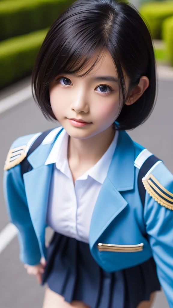 (Highest Resolution, clearly_image), Highest quality, masterpiece, Very detailed, Semi-realistic, A woman with shoulder-length black hair, Dark Eyes, mature, mature woman, Royal Sister, sexy, short hair, Triple Van, Light blue uniform, Light blue jacket, soldier, Light blue pleated skirt, Micro Mini Skirt、uniform, Fighter Frontline, future, sf, universe