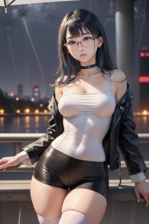 masterpiece, (improve quality 1.2) ( Detailed facial features 1.1), ((8K Wallpaper)), (beautiful woman and white skin 1.3), 1 mqmf ( big mules 1.2), short blue-black hair, (tight lycra shorts), solution, ((Skinny body)), (big 1.3), ( Long black stockings), (fitted white shirt), (short black leather jacket), and white glasses, (( asian facial features 1.2)), (with a choker around her neck), ( eyes the color of honey), leaning on a railing and (( In the background a city at night and with rain 13).
