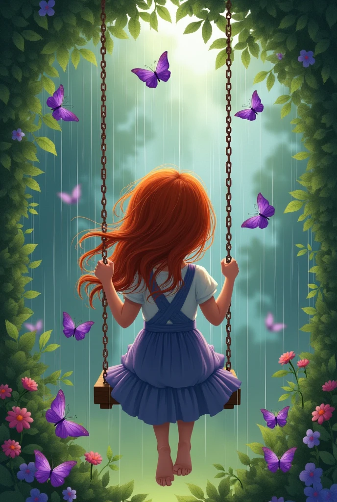 A redhead girl, sitting on a swing backwards in the rain in a garden, and purple butterflies flying around it