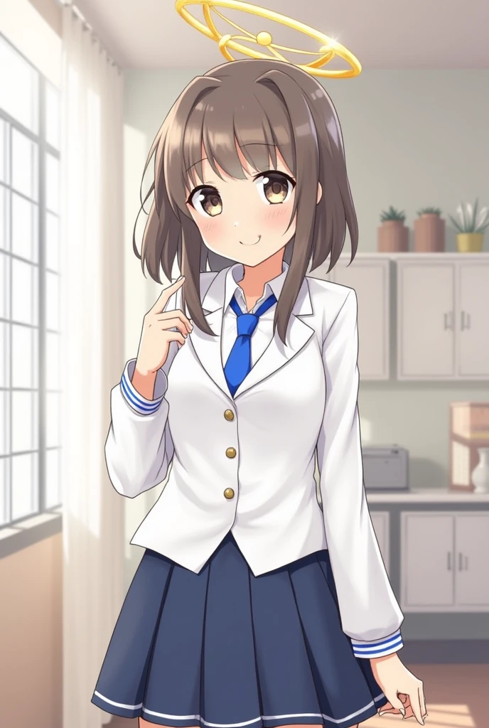 masterpiece, best quality, ultra-detailed, 1girl, aris, white jacket, white shirt, blue necktie, pleated skirt, halo, indoors, smile 