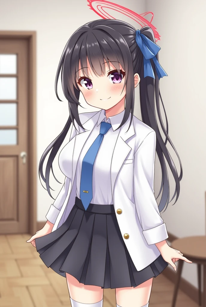 masterpiece, best quality, ultra-detailed, 1girl, aris, white jacket, white shirt, blue necktie, pleated skirt, halo, indoors, smile