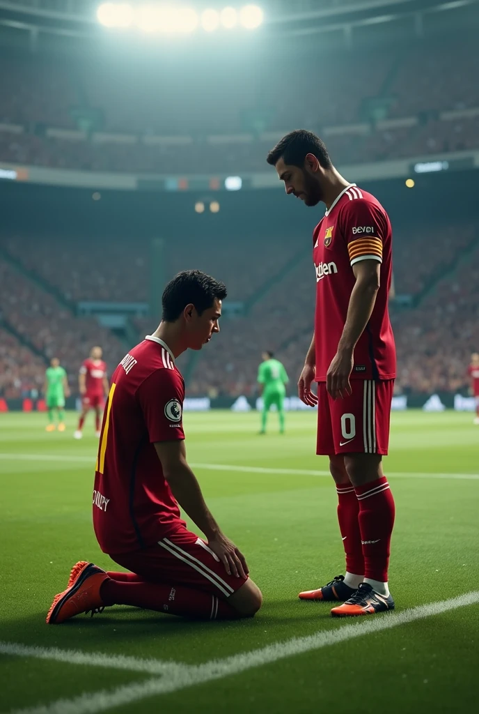 Cristiano Ronaldo on his knees before Lionel Messi