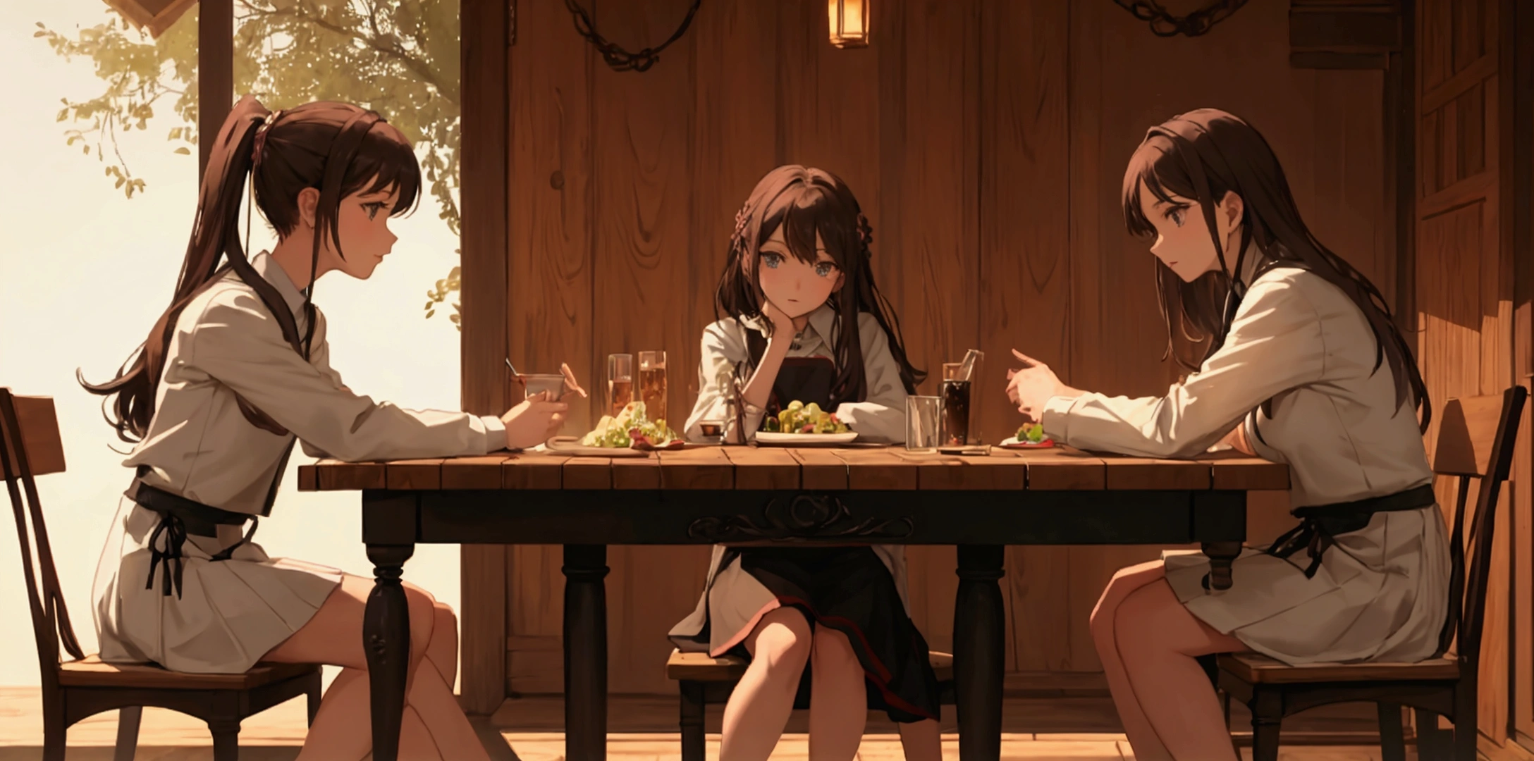 Sitting at the table One girl