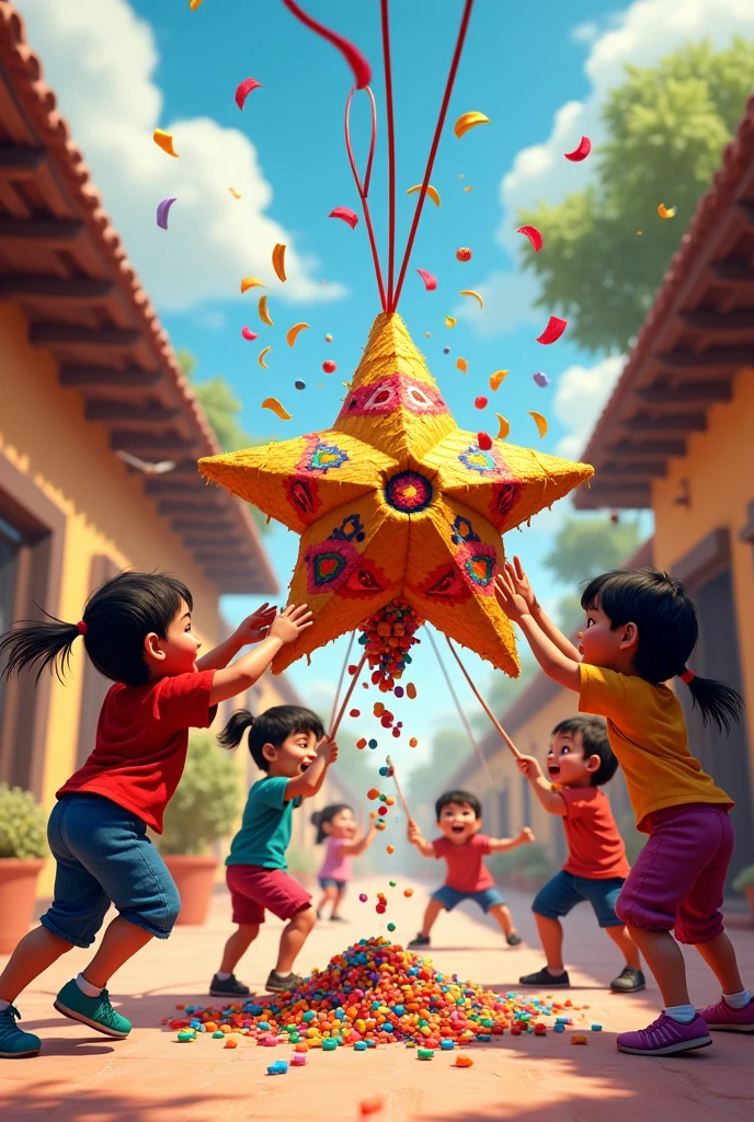 Mexican scene of a long patio where children are breaking a 7-pointed piñata and the candy is falling in a realistic way 