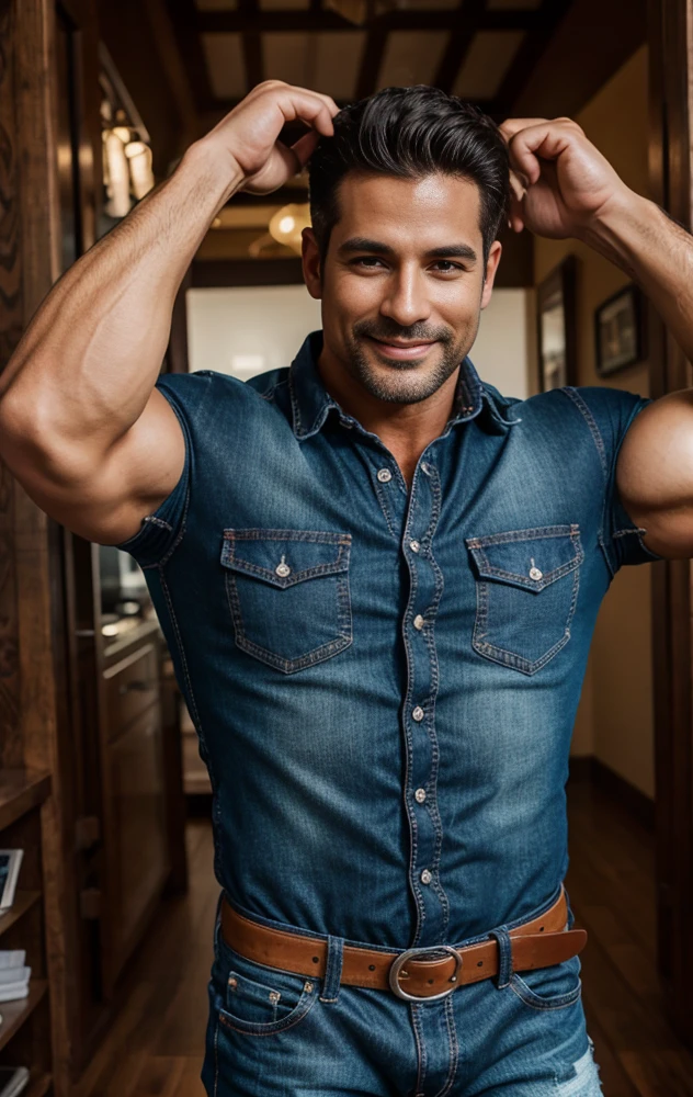 Handsome white latin sexy man, muscular man with ripped jeans boots, large belt with studs, sombrero cowboy, black plaid denim shirt, lmasterpiece, ultra realistic, great detail, 8k super muscular beefy strong muscular legs( big bulge) age 40years old smiling plaid shirt in big bulge , perfect face, masterpiece, close up, sexy
