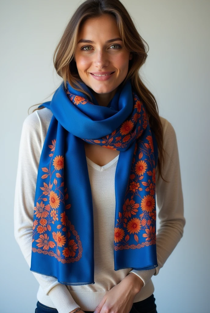 A blue silk scarf，Orange-embellished bank employee scarf
