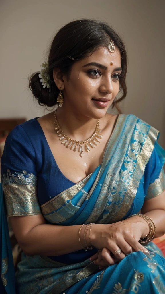 Day scene, full body photo of a plus sized 45 year old indian with a man from top view, (Masterpiece, Best Quality, High Resolution), office Background, (cum Splash on her breasts and nipples, cum Splash on her face, Splash of cum, cum Splash on her blouse, cum Splash on her eys), Sweet 25 year old South indian women sitting on her knees in a crowded party hall with a man, hour glass body red lips, silver colour silky gown, lightly makeup,ultra realistic, realistic, look at viewer (cinematic:1.3), intricate details,