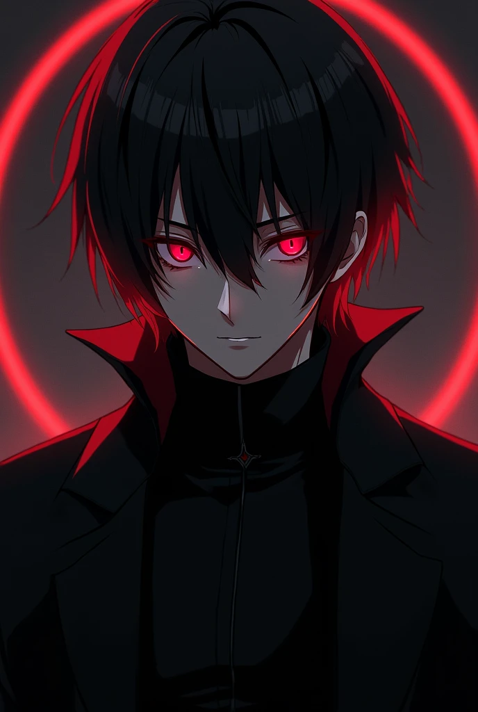Good quality 4k ,a dark-haired man with red hair, bangs and red eyes with black clothes, serious epic anime