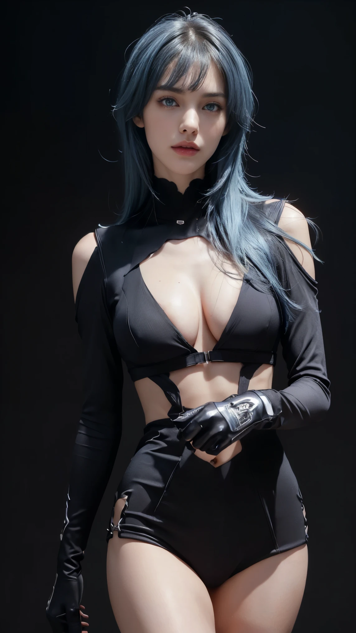 8K, Top Quality, Intricate Details, Ultra Detail, Ultra High Resolution, Masterpiece, ((close up shot, face shot, close up shot, portrait, face shot, passport shot, very close up shot, )), (full body: 1.1), Slender, Smile, (Makeup: 0.4), ((sexy pose,)), (Fluffy blue Eyes: 1.21), (()), 1girl, solo, 1 girl, ((bangs, blue hair, bangs, , bangs )), close up shot, , ((tall)), (((fit body))), (((slim face))), sharp face, ((, wind blow hair, )),skin tight suits, ((, skin tight suits,) ,skin tight suits, (detailed face), sharp face, small lips, perfect hands, ((walking pose, walk pose)) , ((, ,)), , ((cleavage, ,)),, detailed face, detailed breast,, huge breast , (()), detail ass, Narrow Waist, Skinny, tall , 175 cm tall, Muscular, Navel, Exposed Abdomen, Pointed Chest,, Beautiful girl with accentuated slender abs: 1.4, Six Pack Abs: 1.4, Bust Botox, Big, Perfect Body, detail leg, (( dark background)), black background,