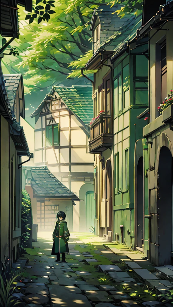 yuichiro hyakuya, (WithoutFear:1), 1 boy, black hair, green eyes, brown coat, gray armor, green shield, green cloak, dark brown gloves, town, white fur trim, tall, anime, standing, good quality, portrait, looking at viewer