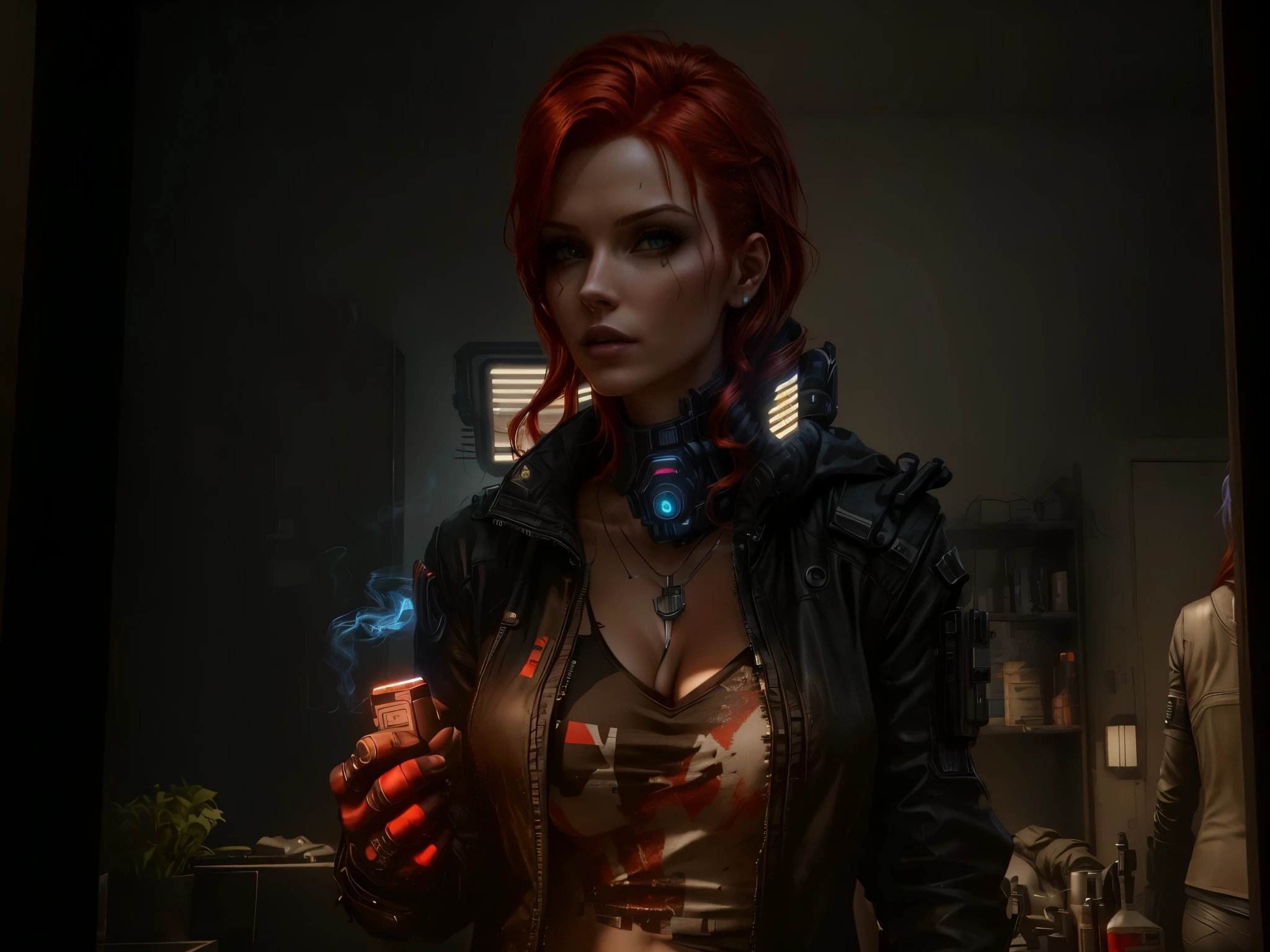 there is a woman holding a cigarette in a room, redhead female cyberpunk, triss merigold, cyberpunk femme fatale, cyberpunk character, female redhead templar, glowing lens flare wraith girl, in a dark space mercenary outfit, sci fi female character, cyberpunk outfit, female character, female cyberpunk, diesel punk female,  post apocalypse woman, 8k, masterpiece, ultra quality
