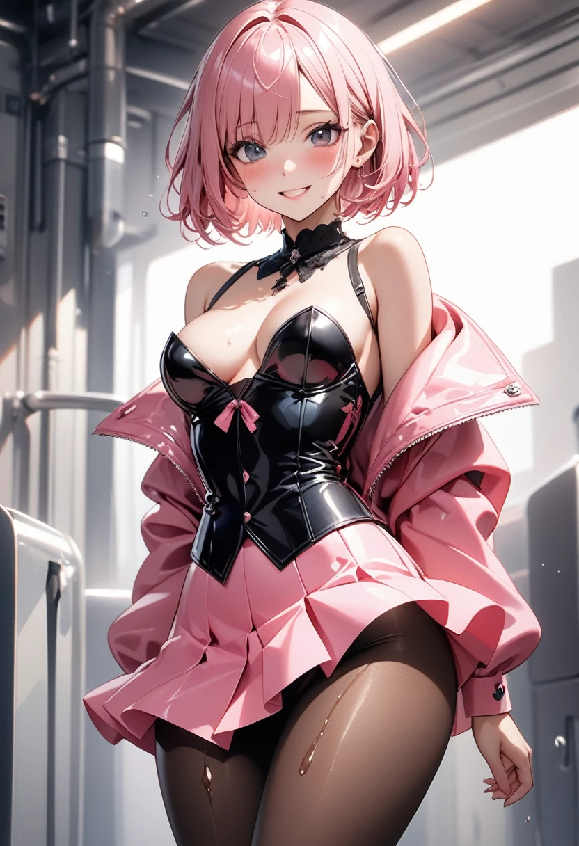 (((formal cropped jacket))), ((bustier)), ((skirt)), ((pantyhose)), ((shiny outfit)), skindentation, skinny, alone, solo, 1 woman, Masterpiece, highest quality, highest quality, 16K, incredibly absurd, highly detailed, 2.5D, ai-generated, delicate and dynamic, very delicate facial expressions, delicate eye depiction, erotic, only sexy woman, ((A cute and kind face)), healthy figure, ((25-year-old woman)), 160cm tall, ((medium firm swaying bust)), medium breasts, (short hair), (pink hair:1.5), bob cut, black eye, blush, Sweat,Embarrassed,sexy, ((thin thighs)), (camel toe:0.7), (visible nipples:0.5), (Erect nipples,:0.7), shiny and lustrous, facing straight at viewer,  smile, ((Oily_skin)), dark skin, ((standing)), ((arm at side)),