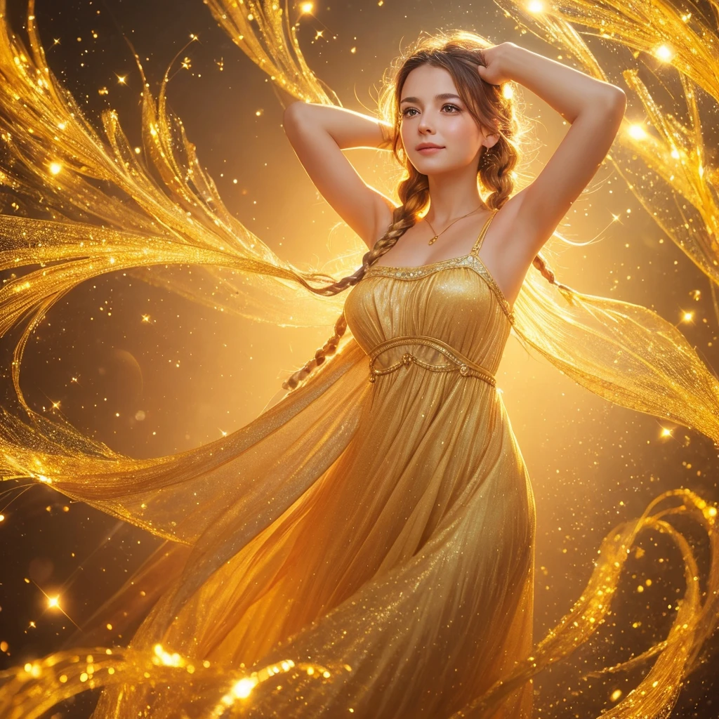 A wonderful masterpiece, Upper Body, (Adult: 1.6) Hungarian woman, (Giggling: 0.4), Place your arms behind your head, Golden braid, Sparkling eyes, victorian sundress, Floating light particles, Centered, Adding facial details