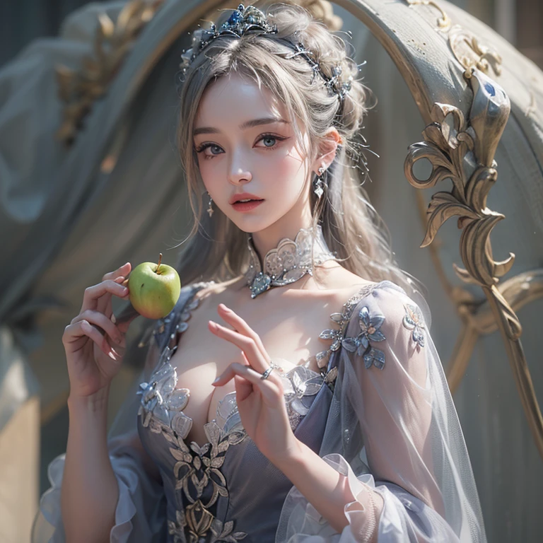 A woman holding an apple stands on top of a hill、Gothic Dress、青空と雲1 girl, Highest quality, masterpiece, Ultra-high resolution, (Realistic:1.4), RAW Photos, 1 girl, Cinema Lighting,((Highest quality、masterpiece、8k、Best image quality、Ultra-high resolution、Award-winning works)、(Accurate anatomy:1.1)、Highly detailed face、Attention to detail、double eyelid、Sharp focus:1.2、Beautiful woman:1.4、Highest quality、masterpiece、Ultra-high resolution、(Realistic:1.4)、Highly detailed and professionally lit smiles、Serious expression、Two Arms, Complete Hそして, Beautiful body, Beautiful fingers, Normal finger, Five Fingers, Five Fingers, (Thumb Index Finger Ring Finger), Beautiful ears、 Normal ear, Beautiful Eyes, Shining Eyes, Beautiful mouth, Beautiful Lips,