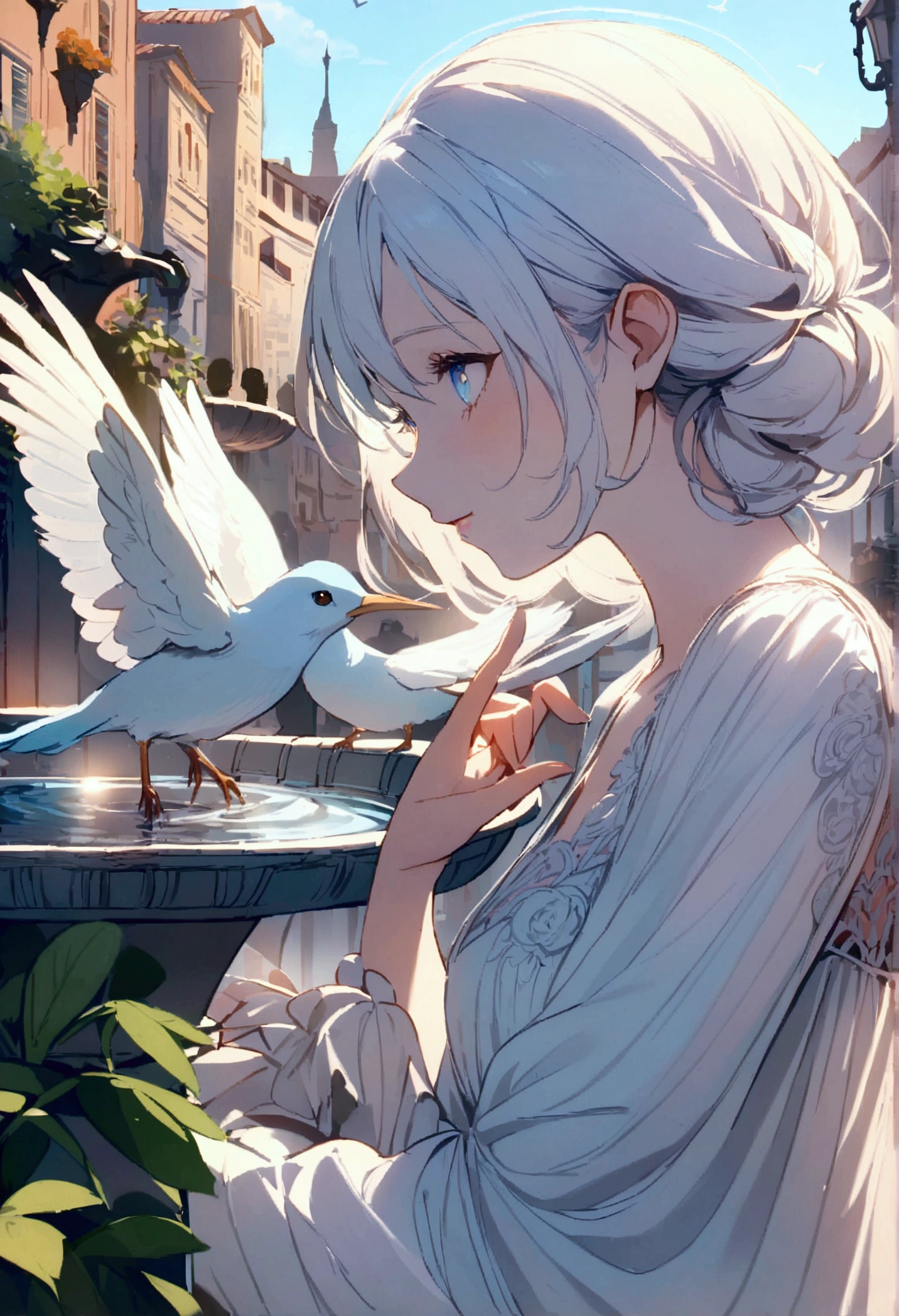 a woman wearing a white dress, light blue eyes, long white hair feeding birds around a fountain in the city center