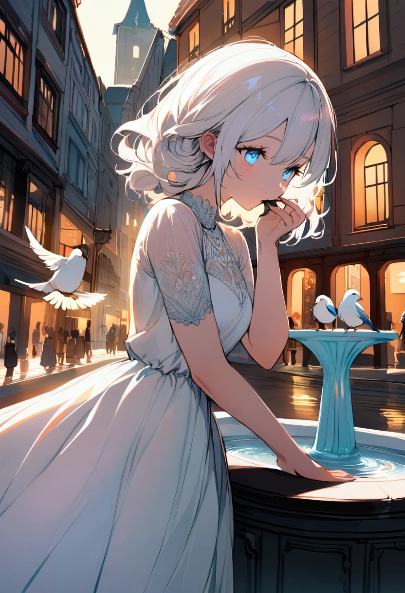 a woman wearing a white dress, light blue eyes, long white hair feeding birds around a fountain in the city center
