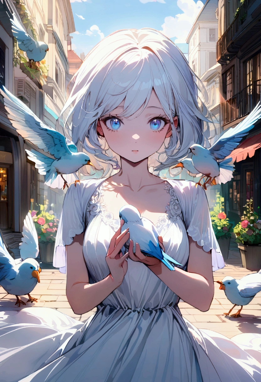 a woman wearing a white dress, light blue eyes, long white hair feeding birds around a fountain in the city center
