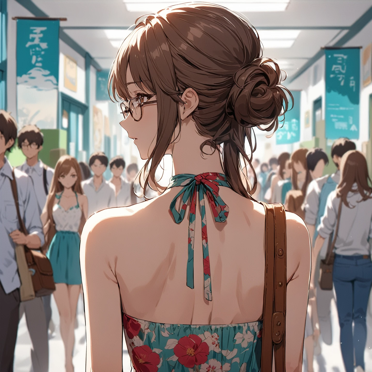 Best quality, masterpiece, from behind, stoic, very long hair, brown hair, (((swept bangs))), brown eyes, glasses, floral backless halter neck sundress, satchel, anime cartoon, crowded hallway, banners, teal lockers, book, posters, people in background,