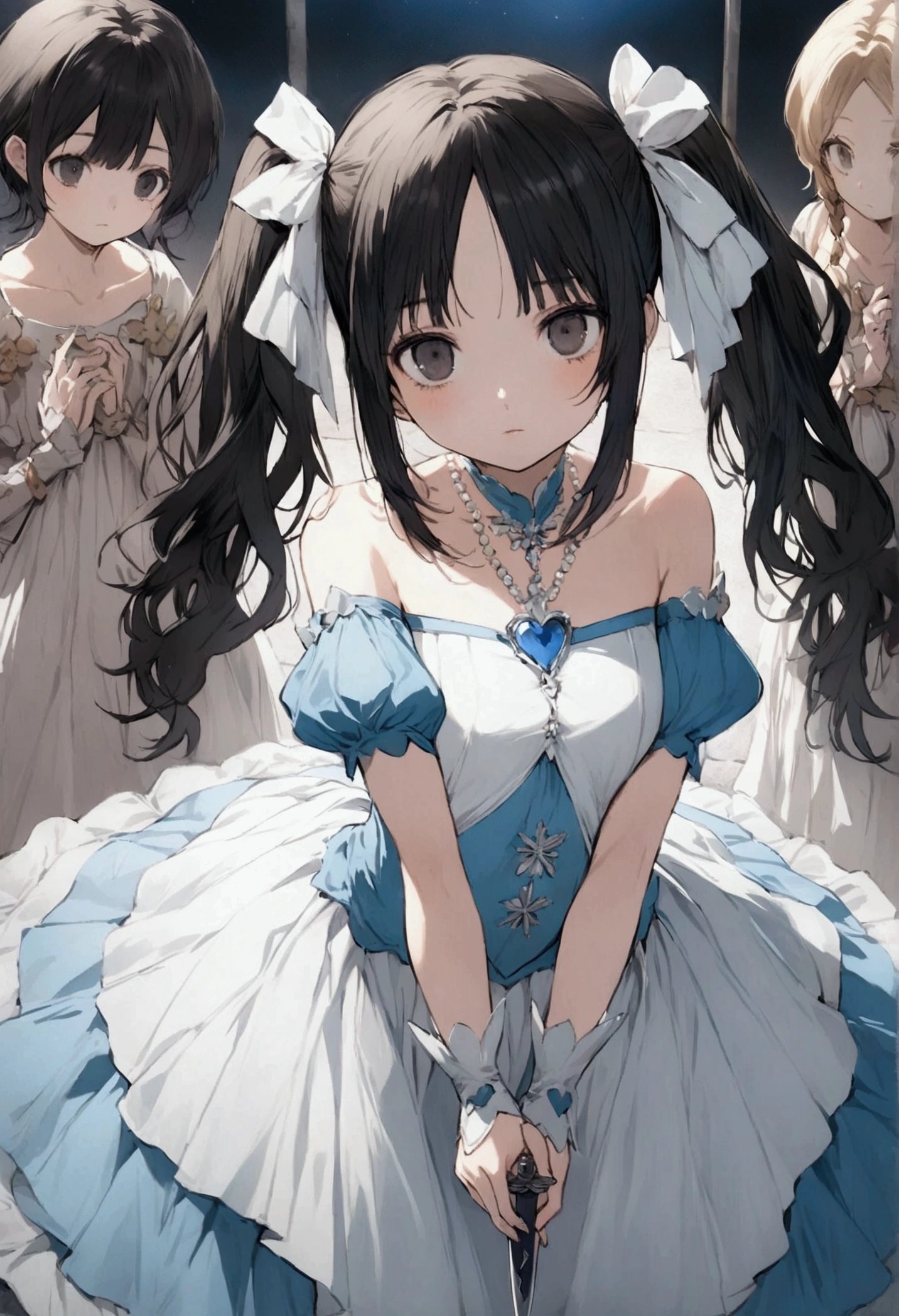 Digital Illustration in the style of Ume Aoki, featuring a girl with long, black hair in two pigtails and black eyes, wearing a magical girl-style dress with drooping azure gauze sleeves and a white off-the-shoulder neckline, with an azure gauze mermaid-cut skirt over a white flared skirt. She holds a bloodied dagger in her hand, and her dress and hair are adorned with pearls and seashells. Her face is expressionless. She is in a parking lot at night, surrounded by corpses she has stabbed.