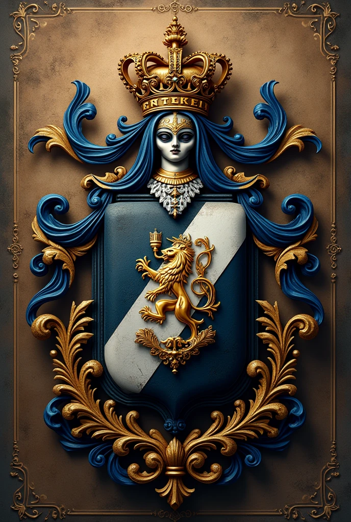 Create a Rincón Gómez family coat of arms that emphasizes the colors blue, black white and gold and put the text FARGO at the bottom like a ribbon