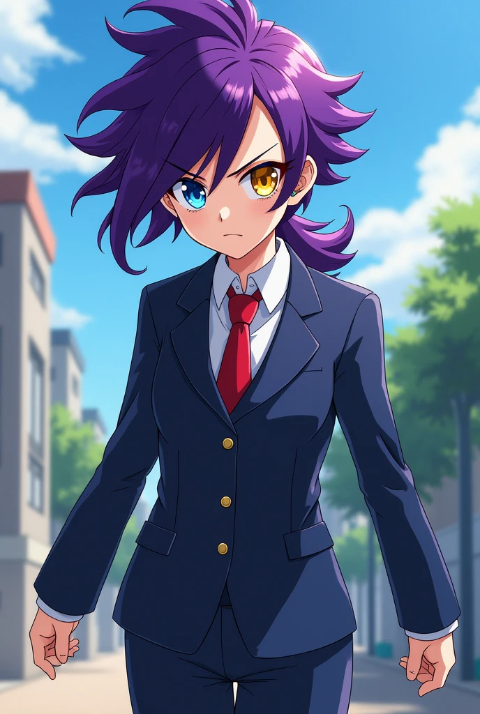 Create a My Hero Academia student with purple hair and a mullet cut, with different colored eyes and a piercing on the eyebrow, that has the U uniform.A