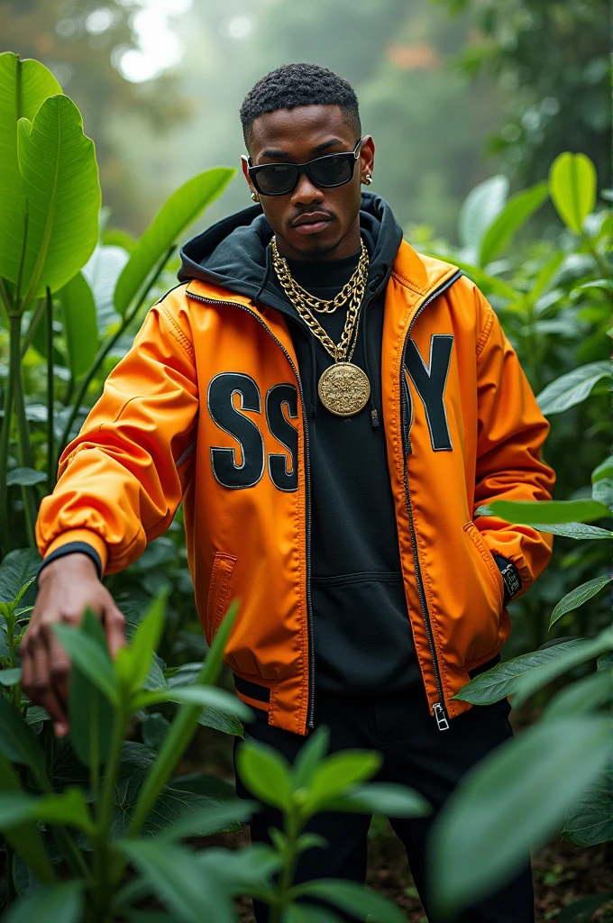 Rapper Soulja boy with jacket "$SBOY" touch a grass
