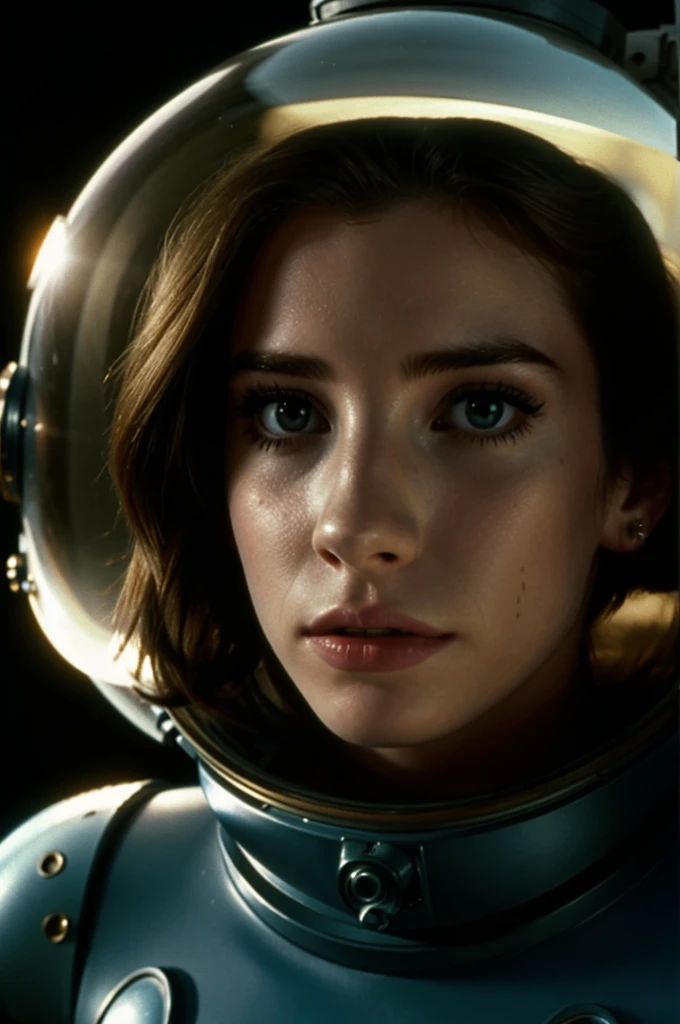 Emma Roberts in space in the 1979 Alíen movie with an alien in her face, obscure, realistic, alien jungle, terrifying