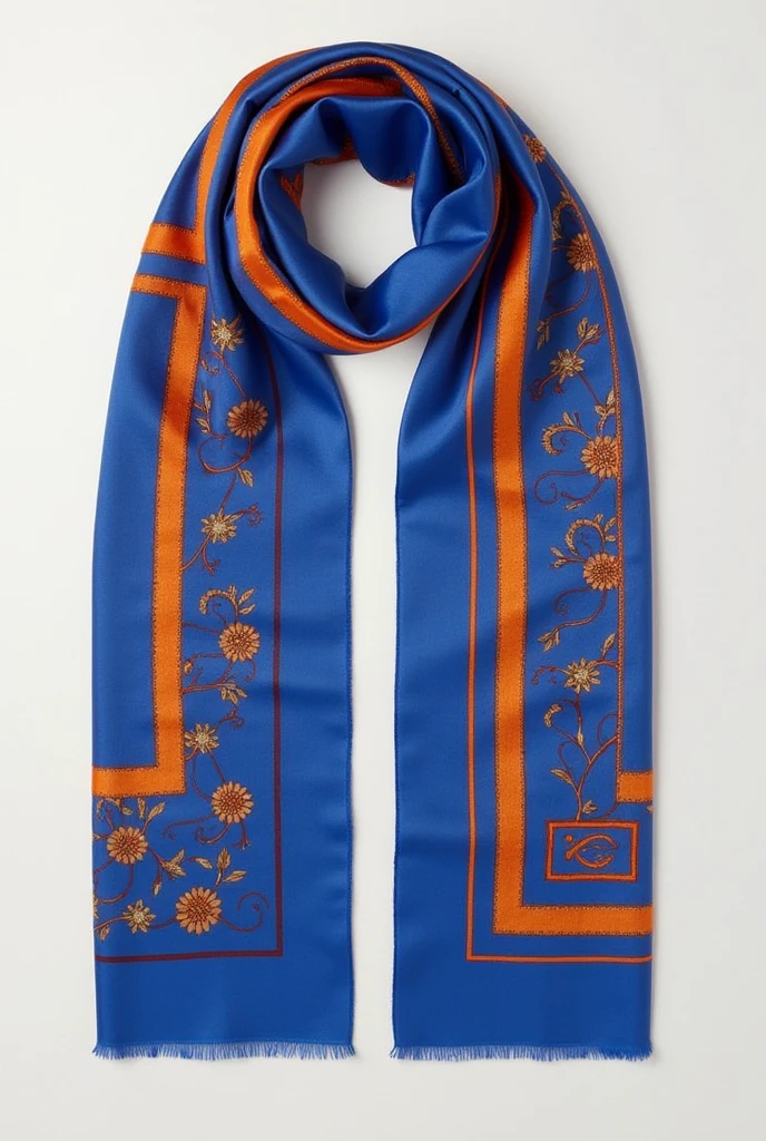 Square silk scarf，A blue silk scarf，Orange-embellished bank employee scarf