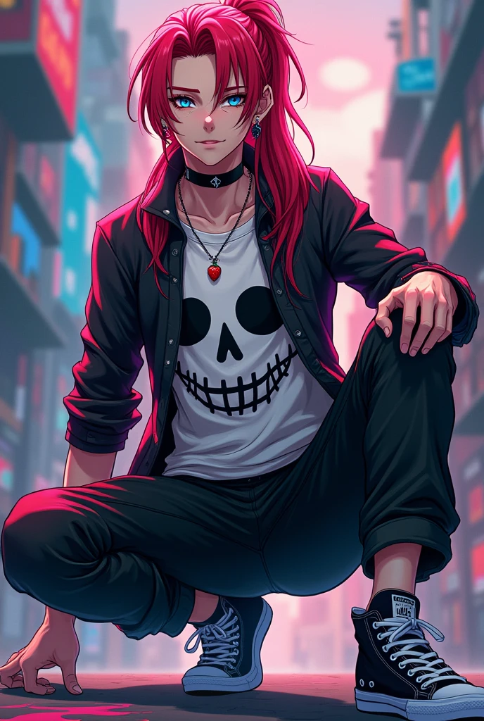 Make me a 17 year old boy,white with long red hair tied up,blue eyes is black,with a strawberry earring ,a nose piercing with a collar necklace with a long blouse with a skull on the front, black cargo pants and an ALL star in the anime style yarichin b club