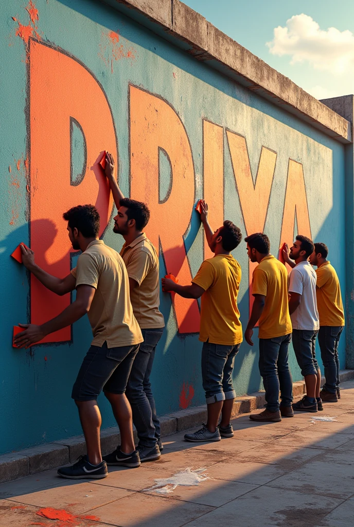 Six men are writing the name PRIYA on the wall with paint