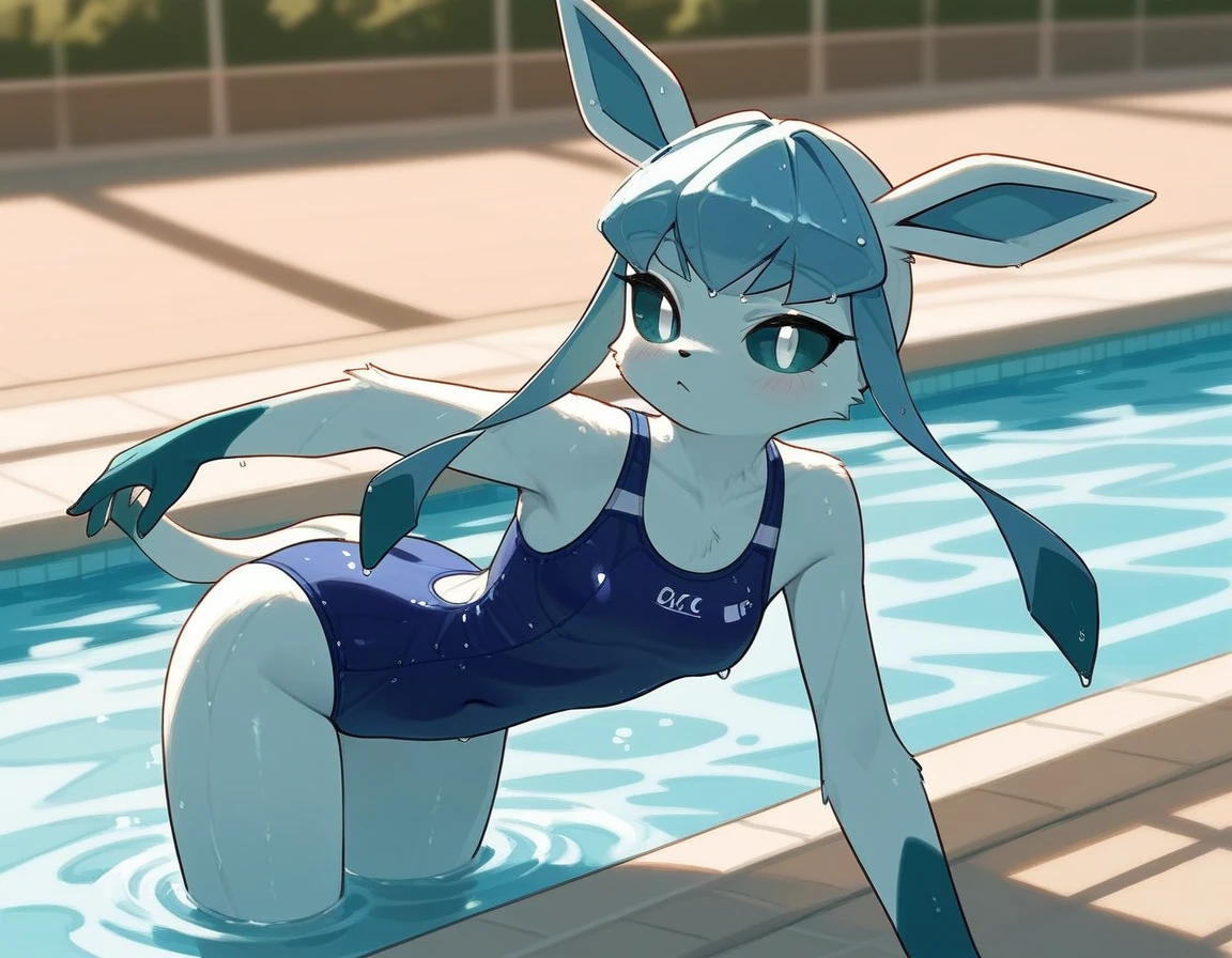 alone, score_9,score_8_up,score_7_up, anthro female glaceon, blue sclera, white eyes, blue one-piece swimsuit, swimming pool, water, swimming pose, wet.