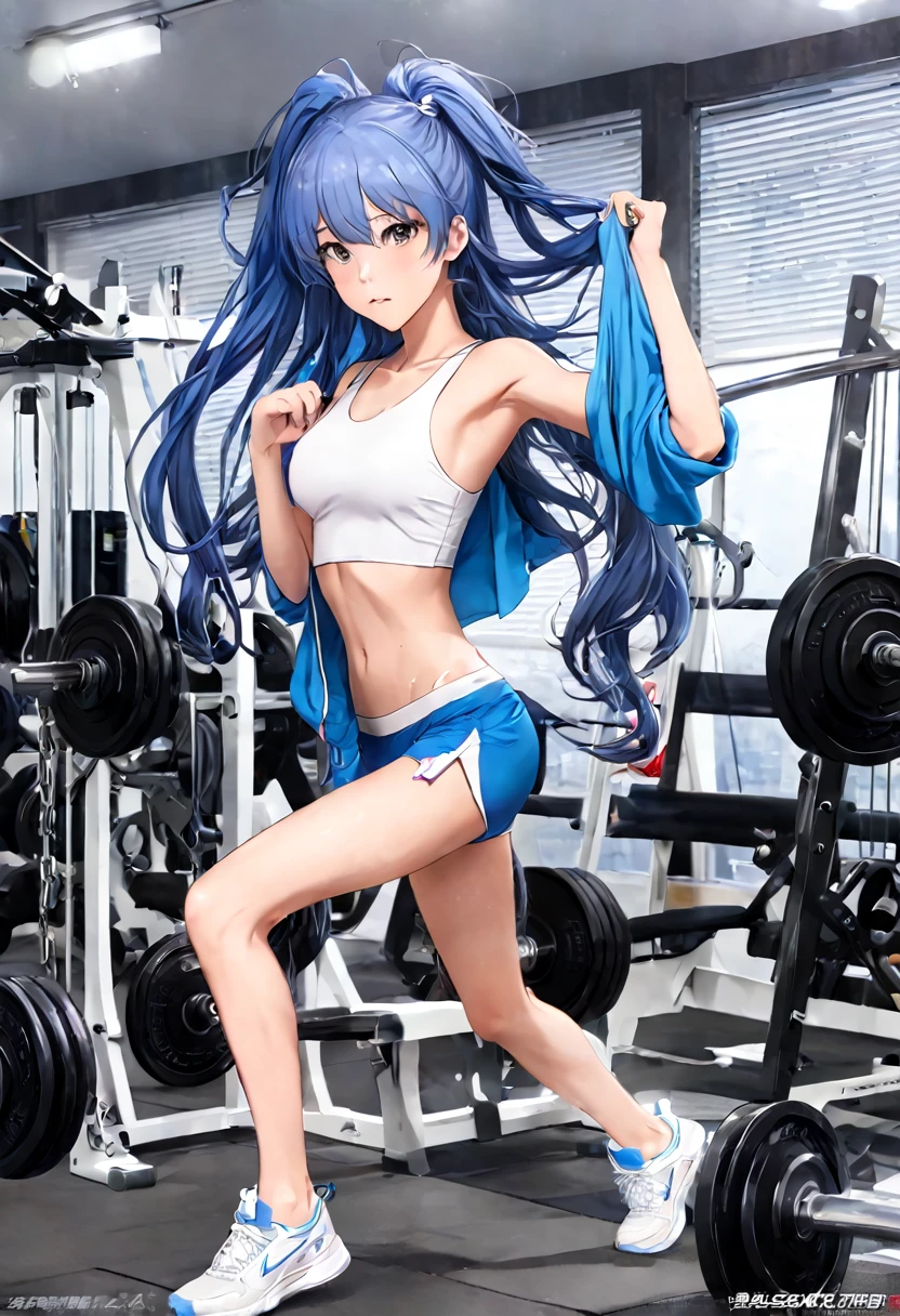 nsfw,best quality, masterpiece, uncensored, BEARK, slender,brown eyes,white eyelashes,blue hair,long hair,blue track jacket,(open clothes),white sneakers, many sweat heavy breathing, head focus, transparent sneakers, open shirt,standing split,(She's so thin that you can see her ribs:1.1),(thin legs:1.2,very small breast:1.5),(blue pubic hair:1.2),(skinny,bony),(squid belly),(cum shot:1.1),(look at viewer),(Bukkake, cum on body:1.1),(Bukkake, cum on hair:1.1),(Bukkake, cum in pussy:1.1),(ecstasy Face:1.3),(ahegao),(sex:1.5),(peace sign:1.5),(bitch:1.3),(grin:1.3),(sex:1.3),(gym:1.3),(look at viewer),(壁に寄りかかる),