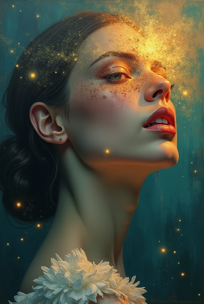 I am the last surrealist painting that exists on this planet, the last work of art that represents a beautiful woman full of hope wrapped in an unreal world., The message I want to leave is that art once existed , real very real , 24k unique piece rule of thirds cinema lighting photoshop finishes and colors of a work of art 