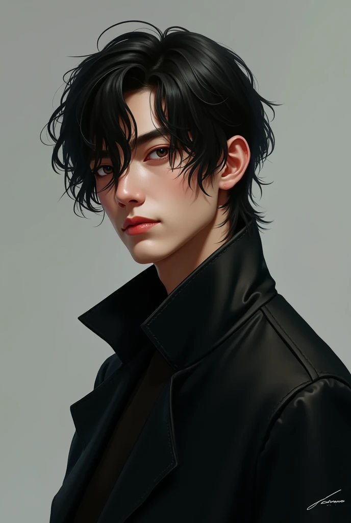A young man in a black jacket with long hair Younger 