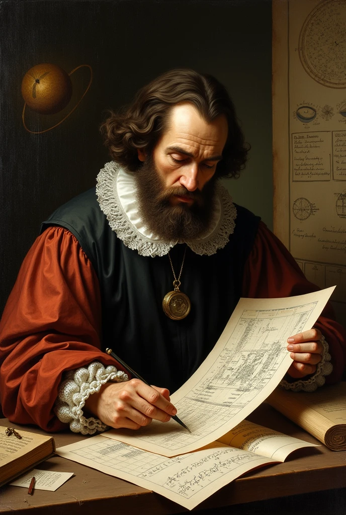 Johannes Kepler studying graphs of elliptical orbits, with data and formulas around

