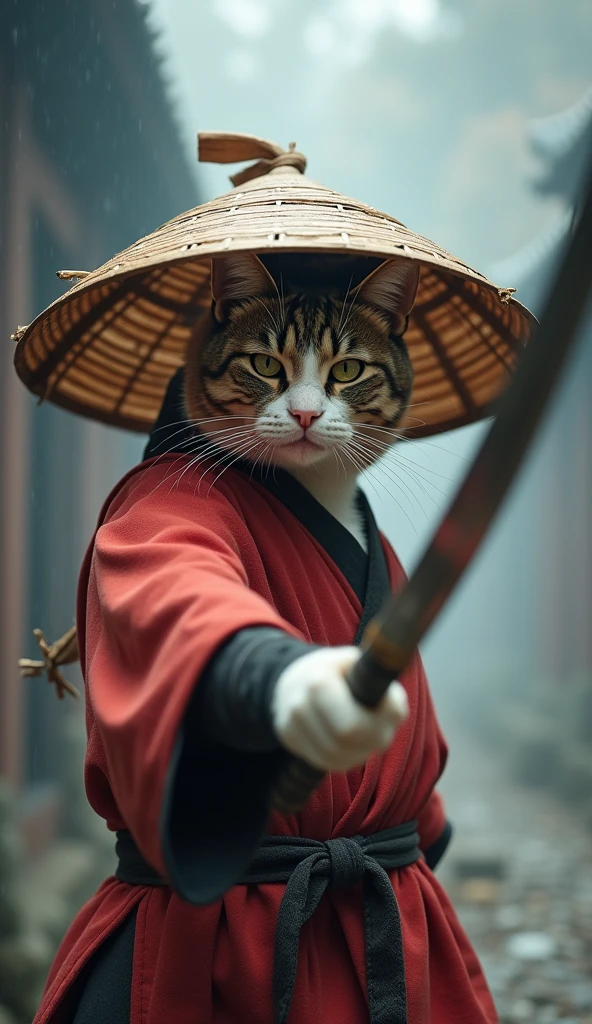 Create an image of a cat standing upright in traditional East Asian attire, wearing a wide bamboo hat on the head, wielding a sword with its right paw extended forward in an assertive stance ( Close-up of the face ), set against a misty backdrop to convey an atmosphere of ancient martial arts mastery.