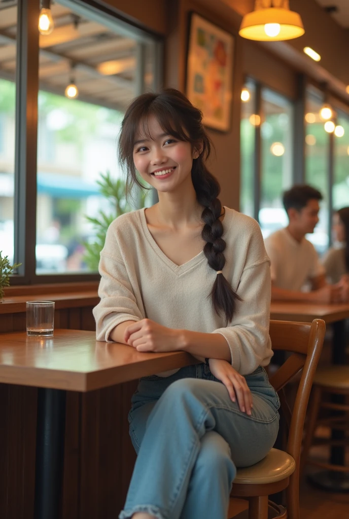 Highest quality, Realistic, Very detailed, finely, High resolution, 8k wallpaper、 Beautiful Japanese Women, Sharp focus, Perfect dynamic composition, finelyて美しい目, Detailed and realistic skin texture、Beautiful feet、I&#39;m in a cafe、Chatting、Happy expression、Braided Hairstyles、Leg spread、Wear casual clothes、Spread your legs