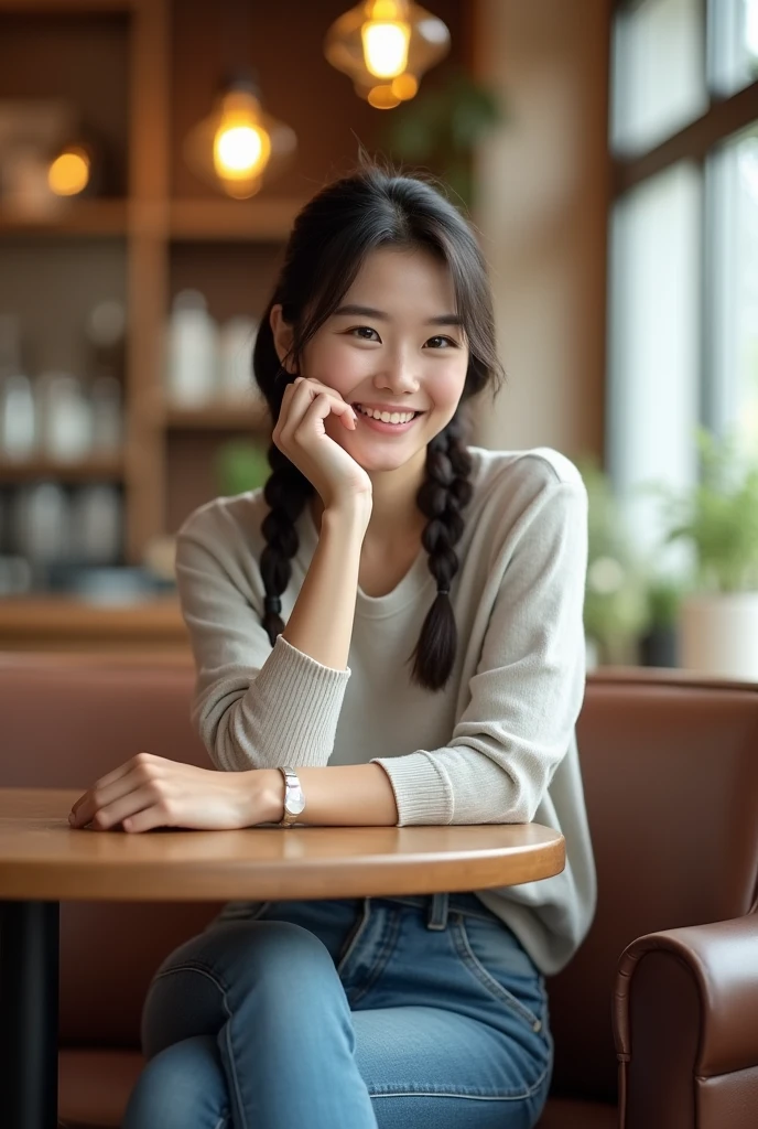 Highest quality, Realistic, Very detailed, finely, High resolution, 8k wallpaper、 Beautiful Japanese Women, Sharp focus, Perfect dynamic composition, finelyて美しい目, Detailed and realistic skin texture、Beautiful feet、I&#39;m in a cafe、Chatting、Happy expression、Braided Hairstyles、Leg spread、Wear casual clothes、Spread your legs