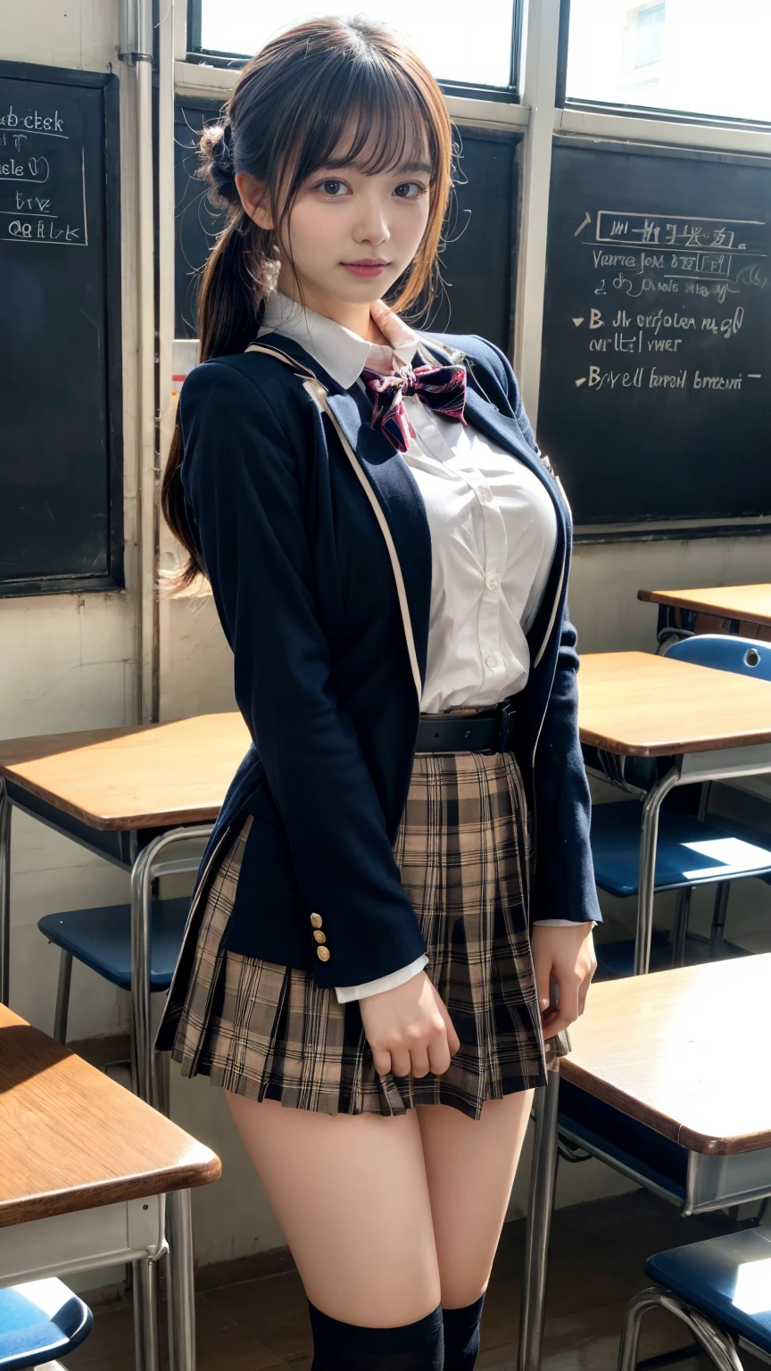 masterpiece, best quality, illustration, Super detailed, fine details, High resolution, 8K,wall paper, perfect dynamic composition,(Details High quality, realistic depiction of eyes:1.3), from side, High School Classroom、High school girl uniform、blazer 、Super Short Check Uniform Skirt、Navy blue high socks、garterbelts、plump breasts, Disturbed uniform, (updo:1.2), black hair color, large breasts, Big Natural Color Lip, bold sexy pose, (perfect body shape), crying a little、20 year old girl、cute type, beautiful legs, hposing Gravure Idol, Voluptuous thighs