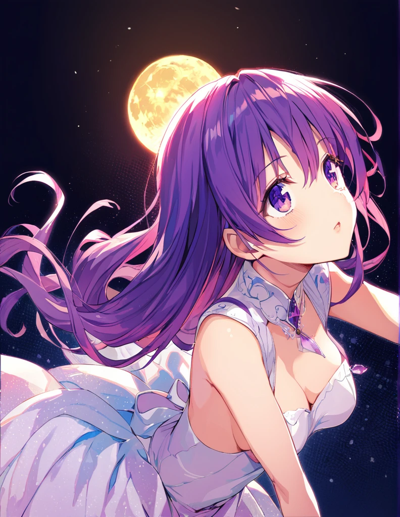 Beautiful girl with long purple hair and princess dress, side boob exposed　Screentone processing　Looking up at the moon　Shaded painting style